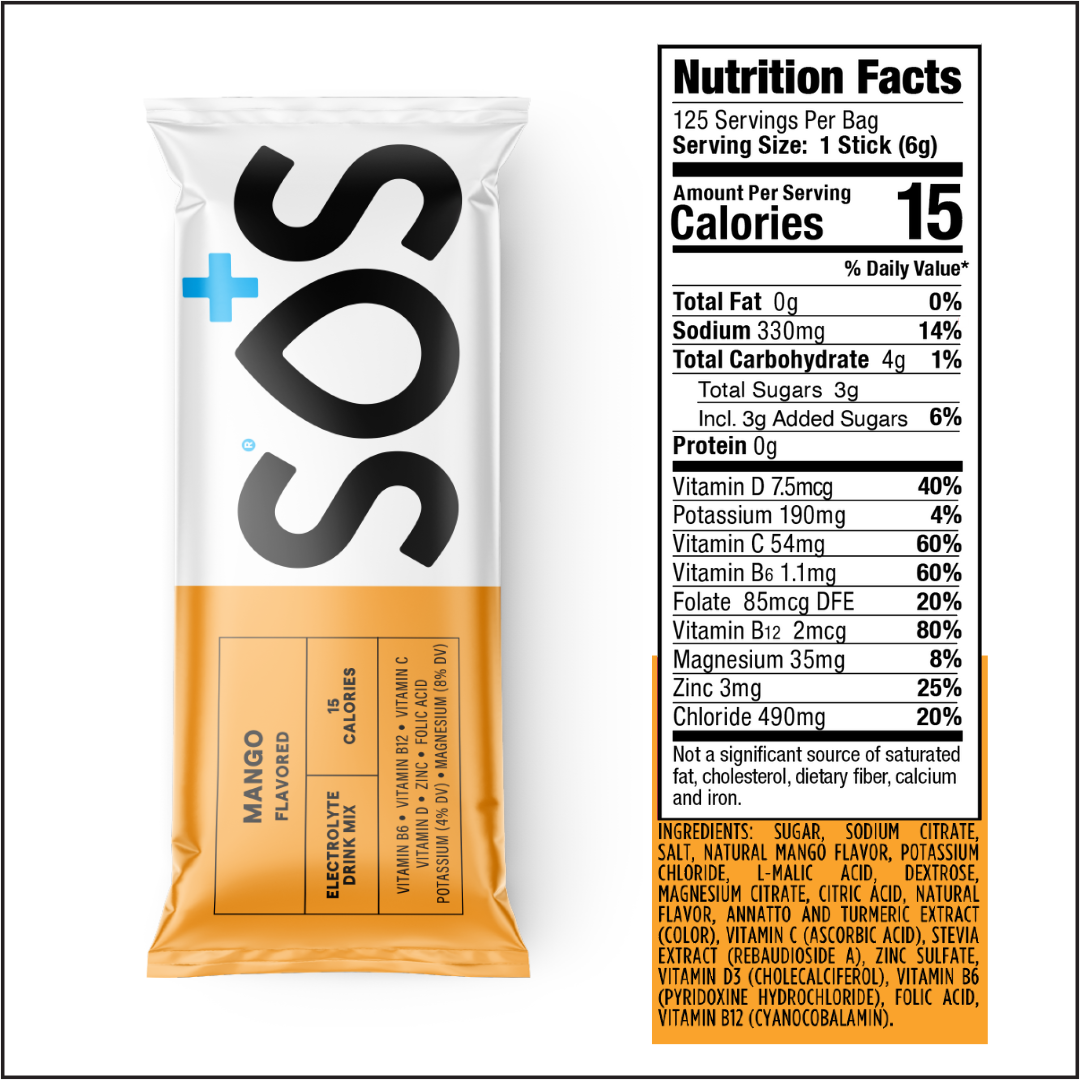 SOS Daily Electrolyte Stick Packet Mango -125 sticks bulk pack