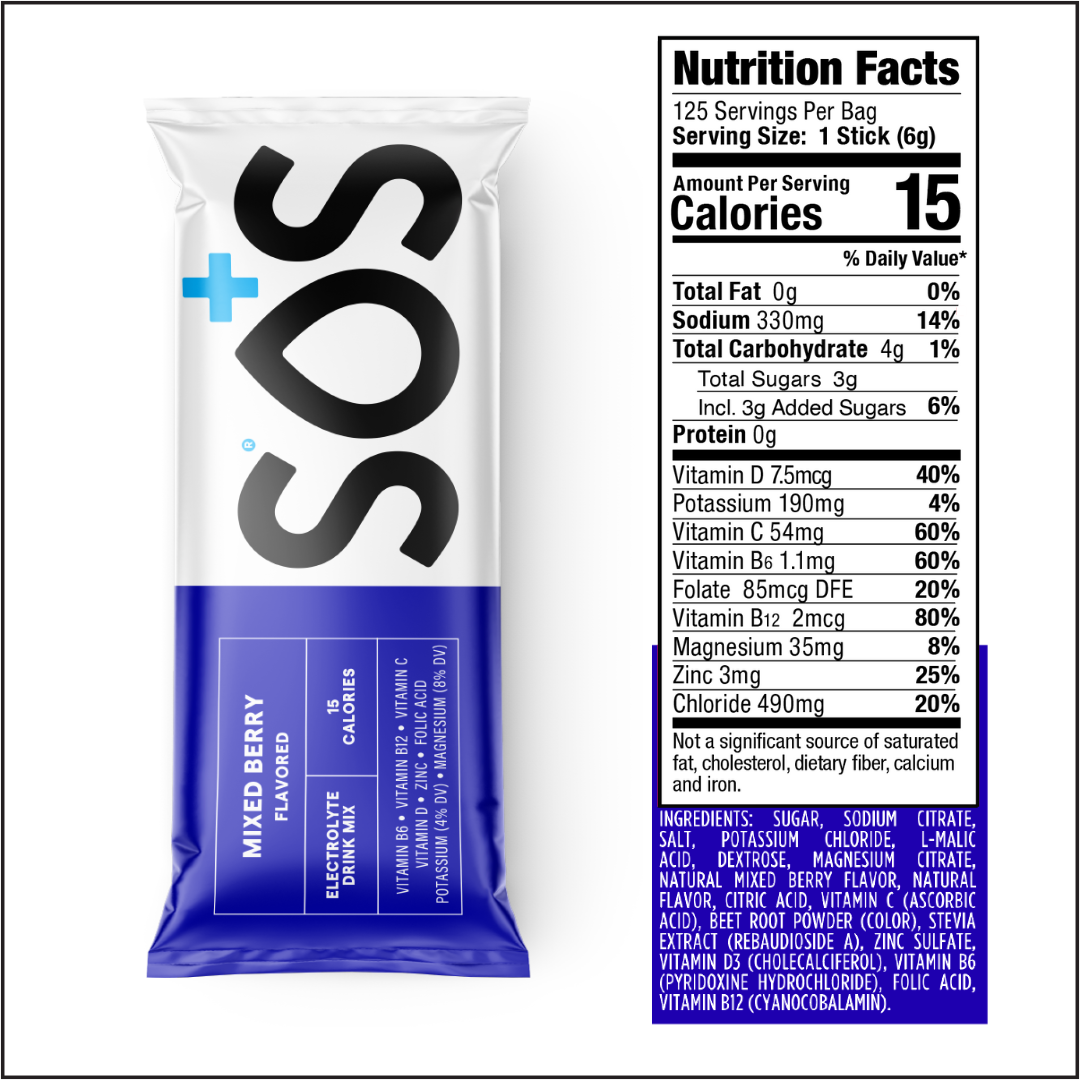 SOS Daily Electrolyte Stick Packet Mixed Berry -125 sticks bulk pack