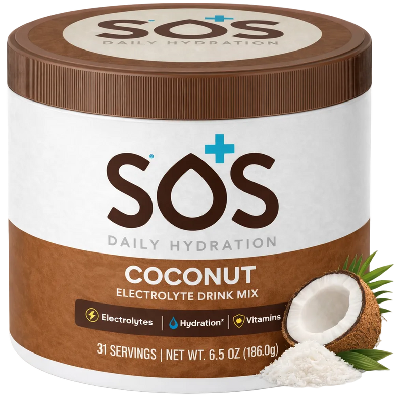 SOS Daily Hydration Coconut Electrolyte Drink Mix container with a coconut and pineapple on a white background