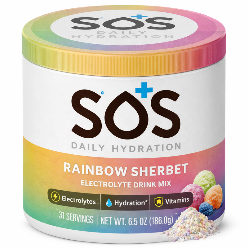SOS Daily – Vitamin Enhanced Electrolyte Powder – Rainbow Sherbert Flavor, 31 Serving Tub