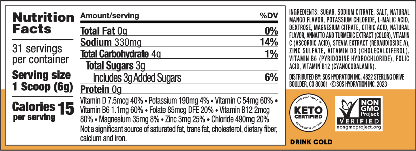 SOS Daily –  Electrolyte Powder – Mango Flavor, 31 Serving Tub