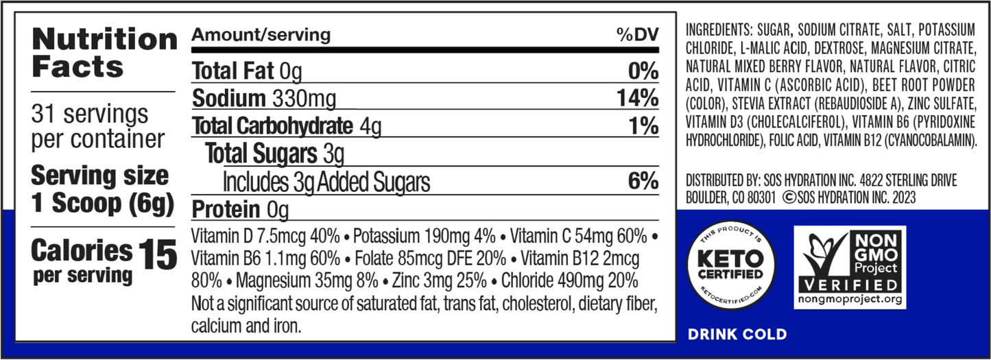SOS Daily - Electrolyte Powder - Mixed Berry 31 Serving Tub