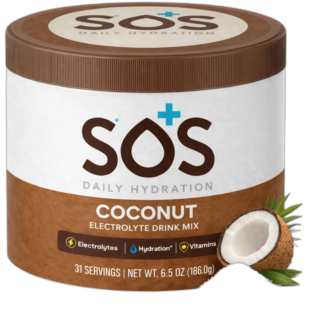 SOS Daily Hydration Coconut Electrolyte Drink Mix container with a coconut and pineapple on a white background