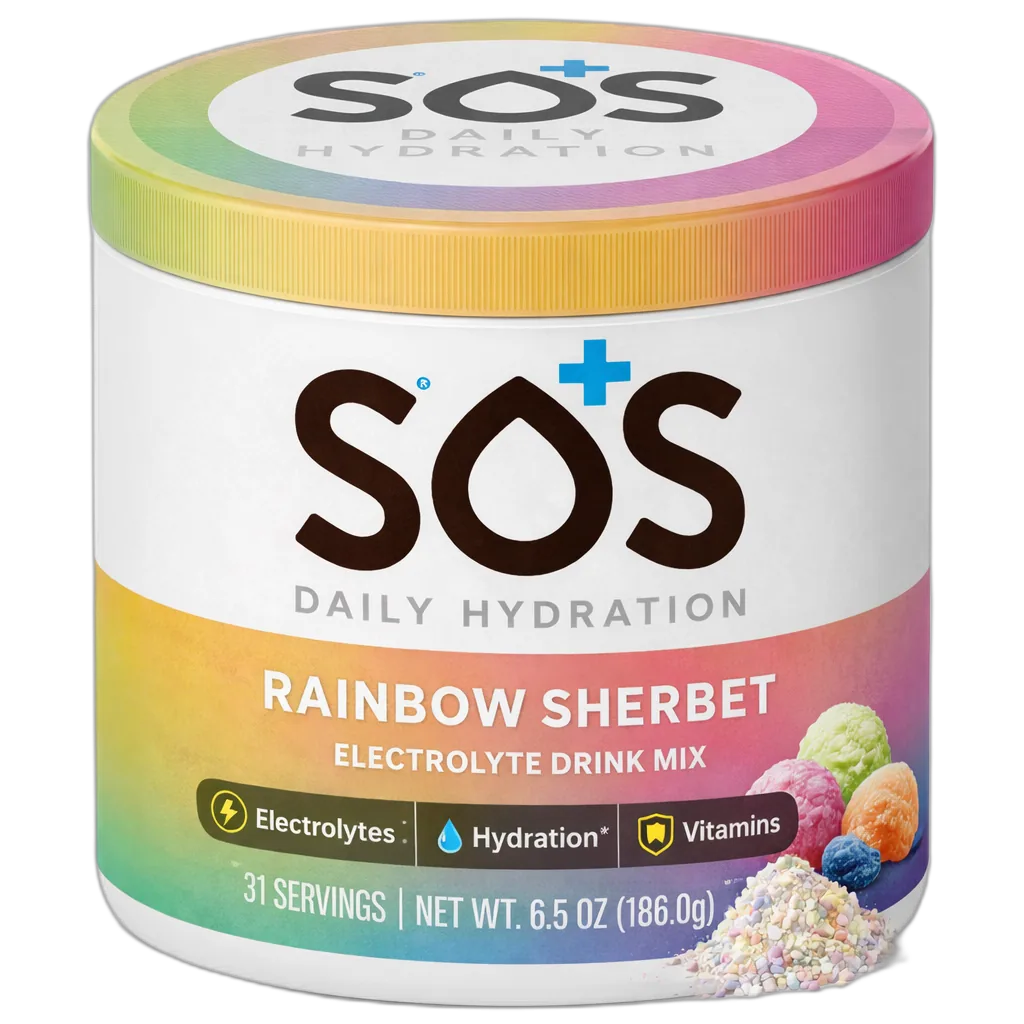 SOS Daily – Vitamin Enhanced Electrolyte Powder – Rainbow Sherbert Flavor, 31 Serving Tub